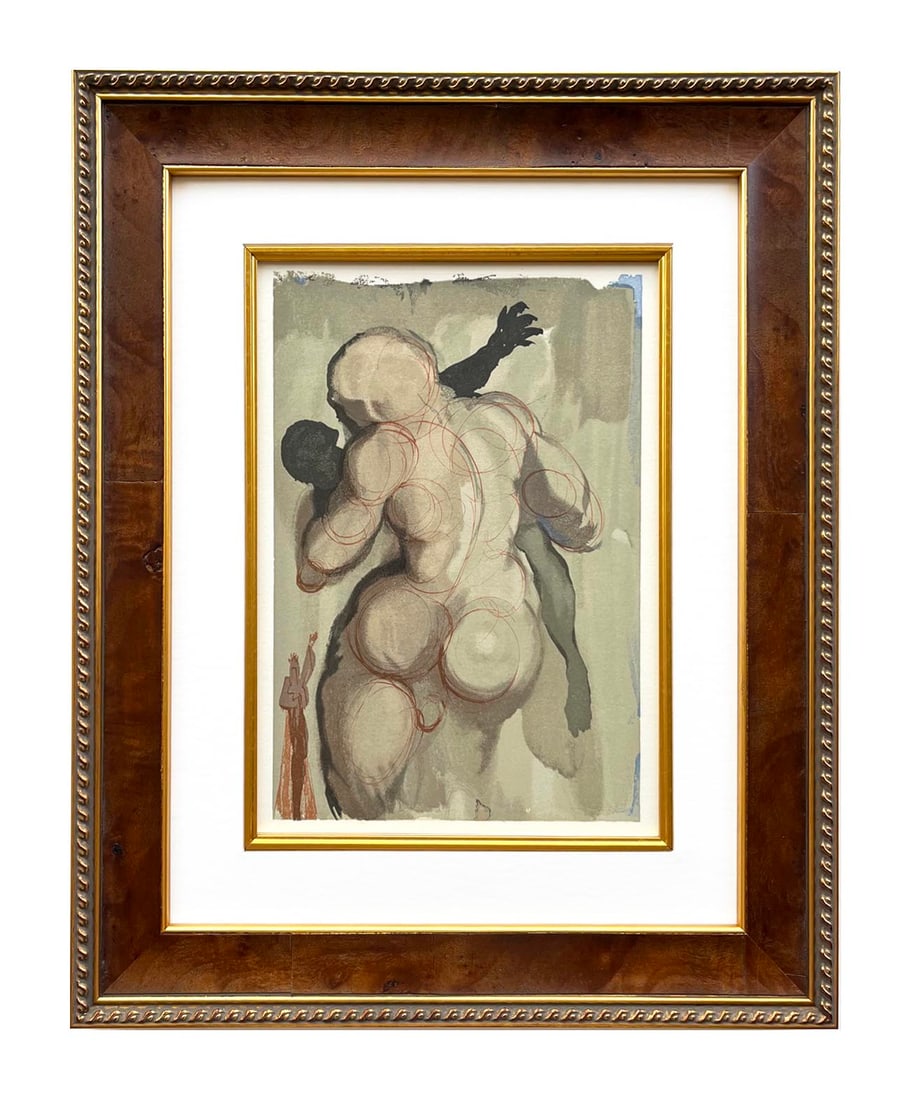 Salvador Dali Purgatory 6 Death violence framed: Artist: Salvador Dali Country: Spain Title: Death violence - Purgatory 6 Medium: Original Woodcut Marks: Not signed, not numbered paper Size: BFK Rives paper 13.40 x 9.80 inches Printed: 1960 by Les H
