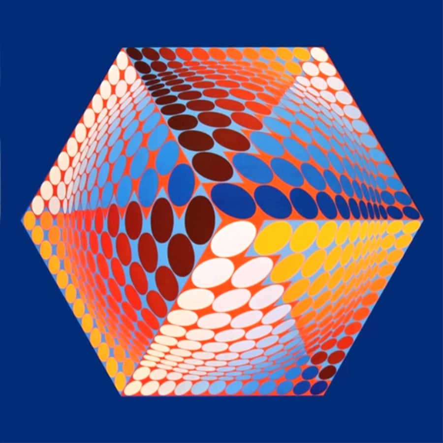 Victor Vasarely Progression 3-7 Optic Art: Artist: Victor Vasarely Country: Hungary / France Title: Progression 3-7 Medium: Colour gelatin print / offset on paper Marks: Not signed, not numbered Paper size: 16 x 16 inch Published by Edition du
