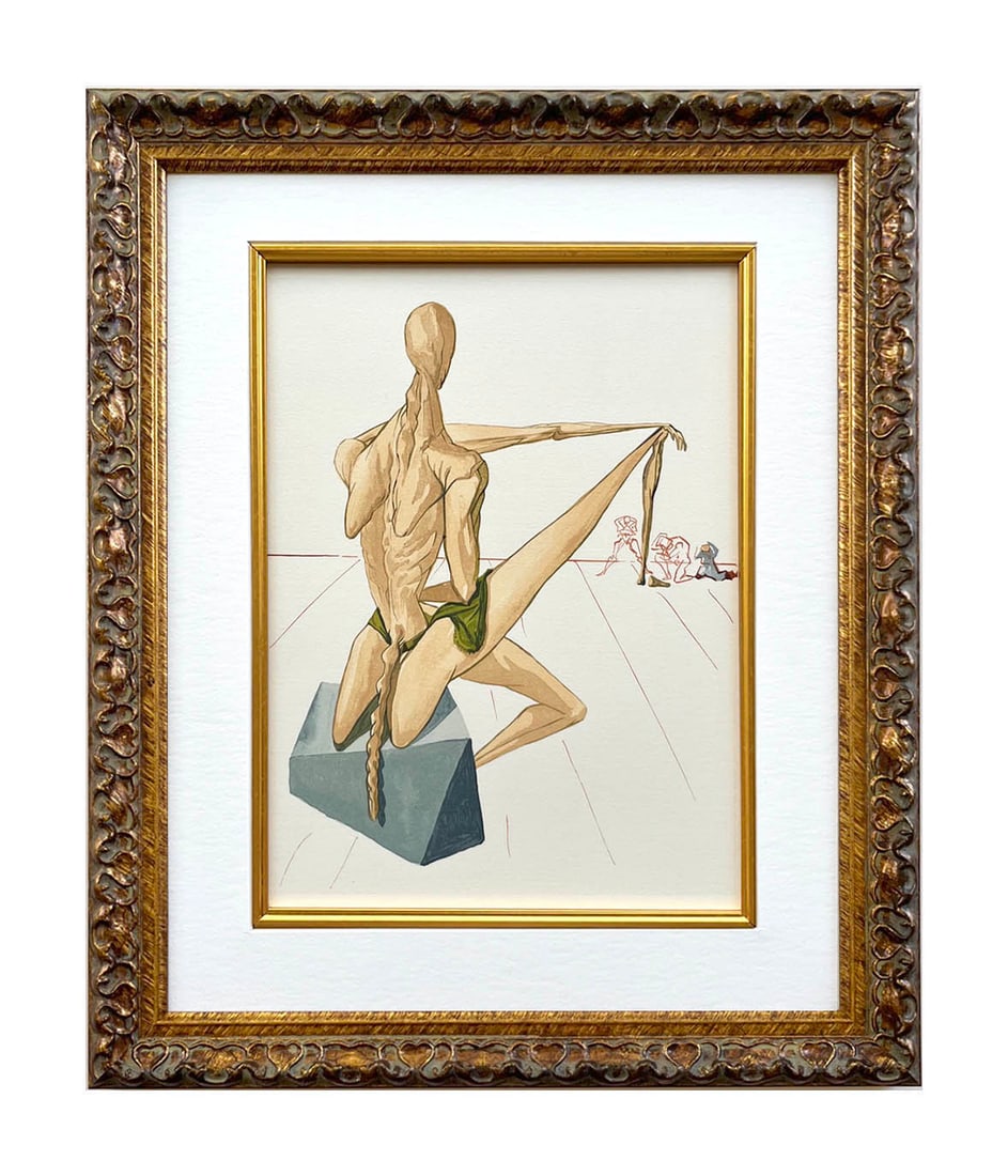 Salvador Dali Woodcut Hell 5 Minos framed: Artist: Salvador Dali Country: Spain Title: Hell - Minos Medium: Original Woodcut Marks: Not signed not numbered Paper Size: BFK Rives paper 13.40 x 9.80 inches Printed: 1960 by Les Heures Claires Fra