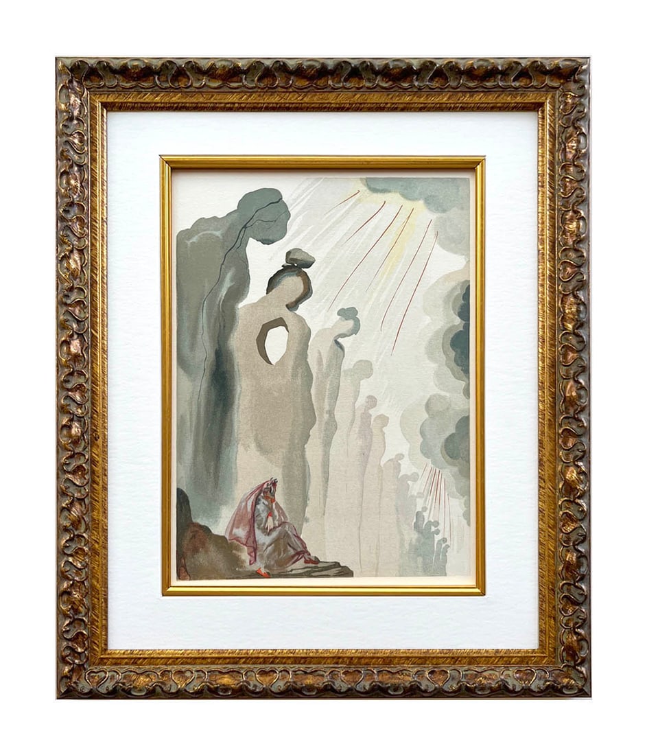 Salvador Dali Woodcut Purgatory 13 The Second Terrace framed: Artist: Salvador Dali Country: Spain Title: Purgatory 13 - The Second Terrace Medium: Original Woodcut Marks: Not signed not numbered paper Size: BFK Rives paper 13.40 x 9.80 inch es Printed: 1960 by