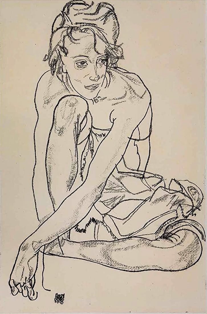 Egon Schiele Lithograph 63 Woman crouching 1968: Artist:Egon Schiele Country:Austria Title:Woman crouching Medium:Lithograph - 63 Marks:Signed in plate Printed:1968 by Max Jaffe, Vienna Austria Paper:Heavy paper 20 x 14 inch Provenance:Egon Schiele