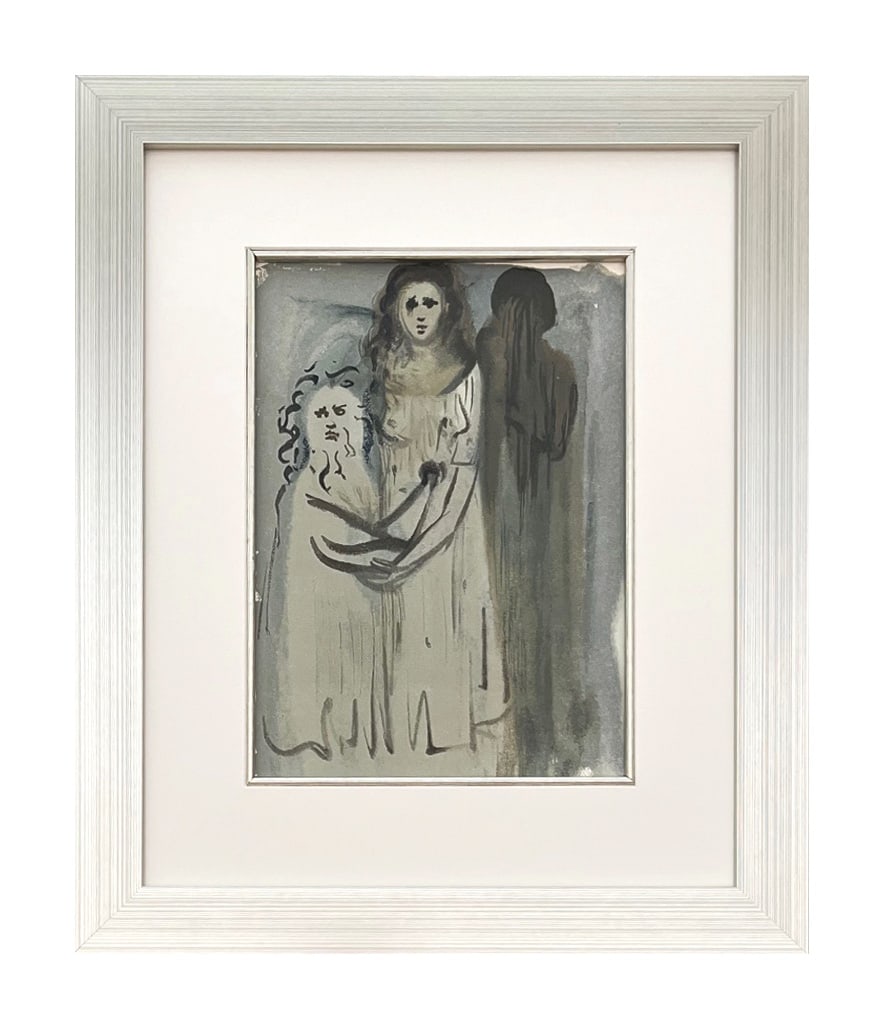 Salvador Dali Woodcut Purgatory 16 In Fumes Cloud of the Angry 1960 framed: Artist: Salvador Dali Country: Spain Title: In Fumes Cloud of the Angry - Purgatory 16 Medium: Original Woodcut Marks: Not signed, not numbered Paper Size: BFK Rives paper 13.4 x 9.8 inches Printed: