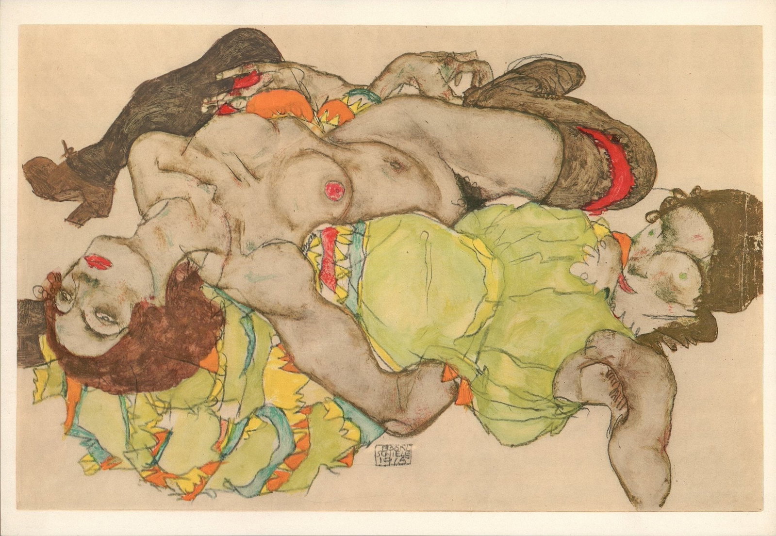 1968 Schiele Lithograph 48 Two models reclining: Artist:Egon Schiele Title:Two models reclining Medium:Lithograph - 48 Marks:Signed in plate Printed:1968 by Max Jaffe, Vienna, Austria Paper:Heavy paper 20 x 14 inch Edition:Apart from Portfolio L. E.