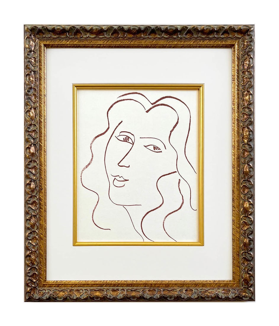 Henri Matisse Florilege Des Amours 79 framed: Artist: Henri Matisse (after) Country: France Title: Florilege des amours - Plate 79 Medium: Sanguine lithograph Paper: Bouffant paper, size 11 x 8.75 inches Published: Circa 1970s in France