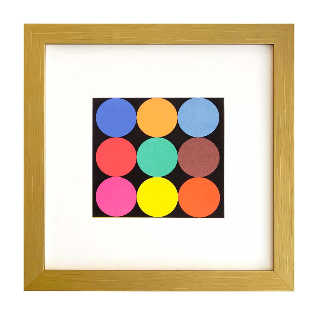 Ellsworth Kelly 1999 Colored circles 12 framed: Artist: Ellsworth Kelly Title: Colored circles Medium: Linogravure - 12 Marks: Not signed, not numbered Printed: 1999 by Heinrich Winterscheidt, D?sseldorf Paper Size: 7.50 x 8 inches Provenance: Kell