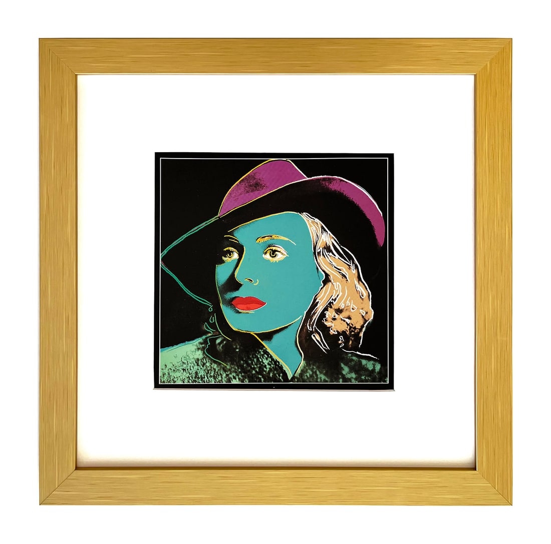 1983 Andy Warhol Pop Art Ingrid Bergman With Hat 5 Framed: Artist: Andy Warhol Country: USA Title: Ingrid Bergman with hat 5 Marks: Not signed or numbered Paper: Thick glossy paper, size 9 x 9 inches Medium: Offset in 1983 in Sweden Provenance: 1st Edition Po