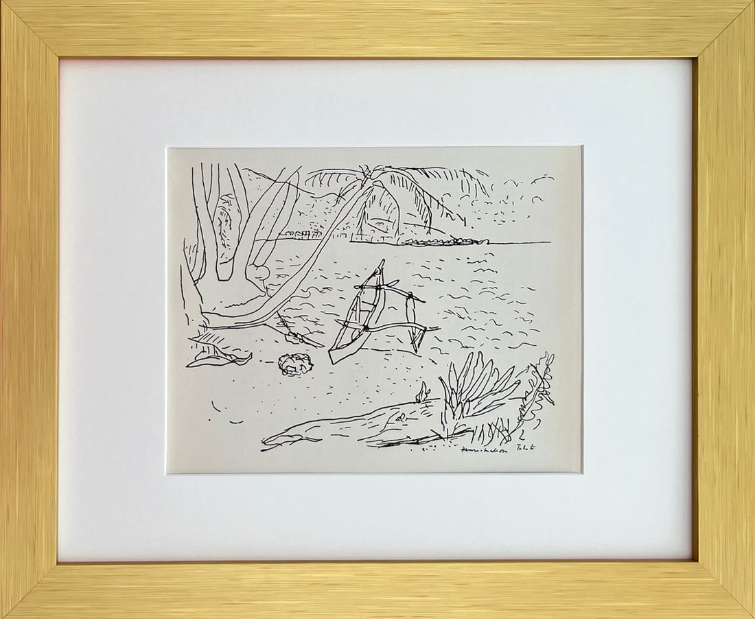 Matisse Drawings 19 Baie Tahiti Lithograph 1968 framed: Artist: Henri Matisse (after) Country: France Title: Baie Tahiti Medium: Lithograph Marks: Signed in plate, not numbered Paper size: Vellum paper 12 x 9 inch Published: 1968 by Editions Cercle D?art