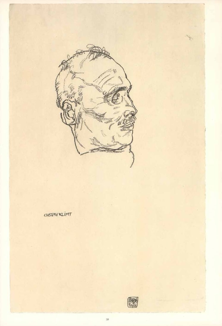 Egon Schiele Lithograph 59 Portrait of Gustav klimt: Artist:Egon Schiele Country:Austria Title:Portrait of the dead Gustav klimt Medium:Lithograph - 59 Marks:Signed in plate Printed:1968 by Max Jaffe, Vienna Austria Paper:Heavy paper 20 x 14 inch