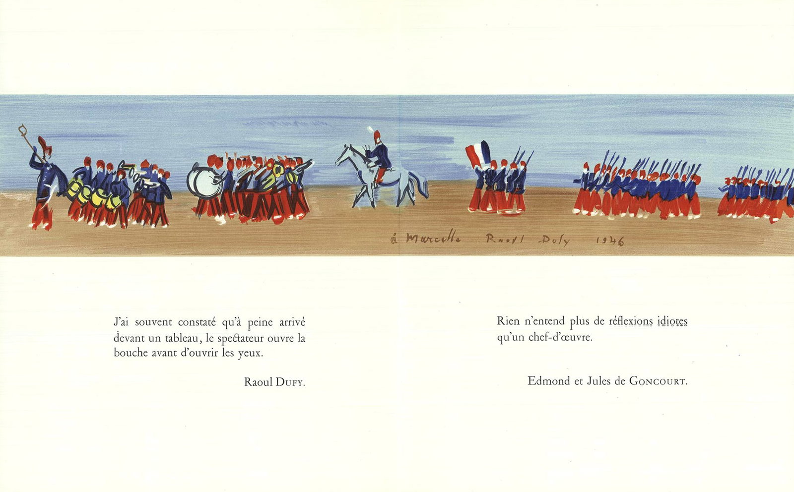 1965 Raoul Dufy Lithograph 11 Defile: Title: Defile Artist: Raoul Dufy Country: France Medium: Lithograph 11 Marks: Signed in plate, not numbered Paper size: 12 X 19.5 inch folded as published Printed: 1965 by Mourlot Freres, France