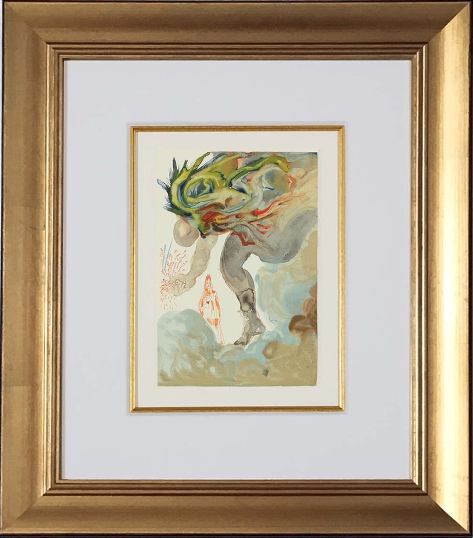 Salvador Dali Woodcut The Giants Hell 31 1960 framed: Artist: Salvador Dali Country: Spain Title: The Giants - Hell 31 Medium: Original Woodcut Marks: Not signed, not numbered Paper Size: BFK Rives paper 13.4 x 9.8 inches Printed: 1960 by Les Heures Clai