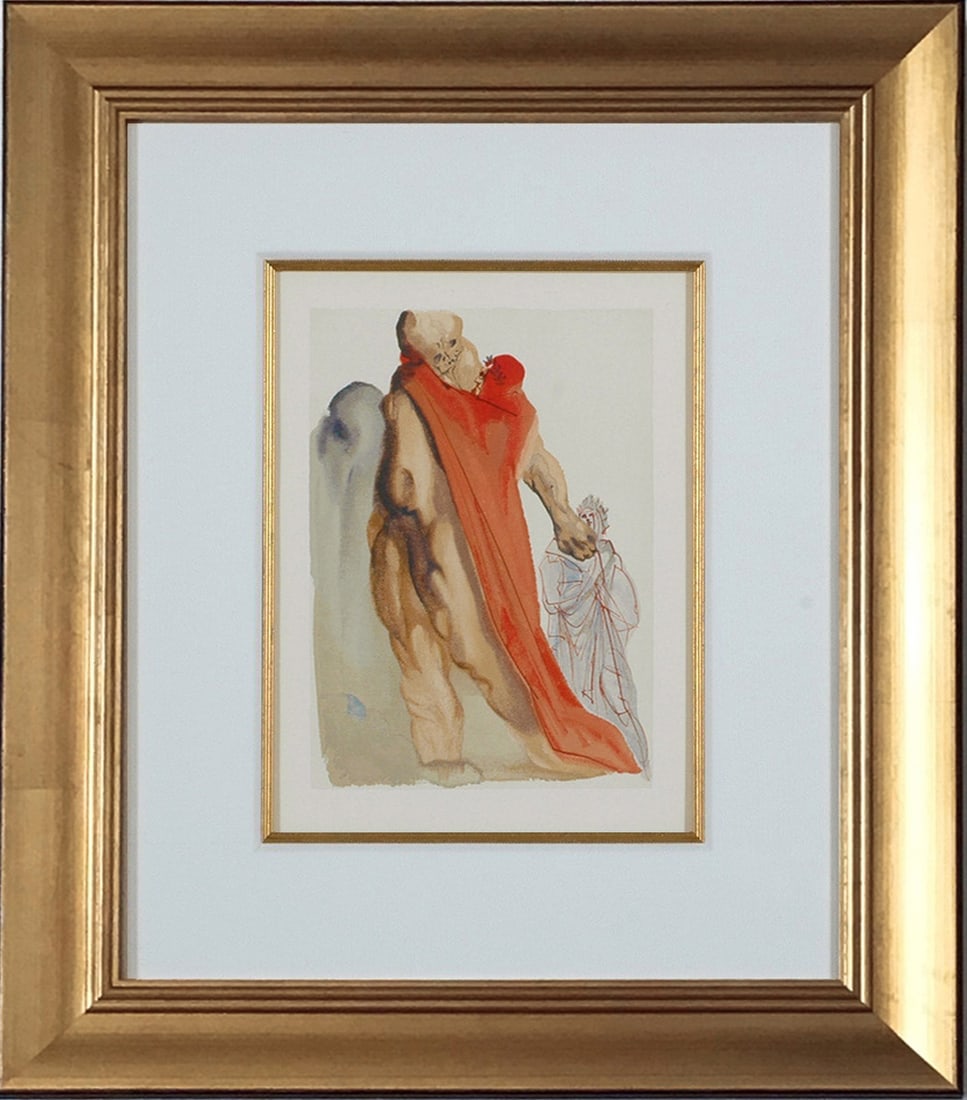 Salvador Dali woodcut Purgatory 5 Virgil's reproaches framed: Artist: Salvador Dali Country: Spain Title: Purgatory 5 - Virgil's reproaches Medium: Original Woodcut not signed Paper Size: BFK Rives 13.40 x 9.80 inch Printed: 1960 by Les Heures Claires France Pro