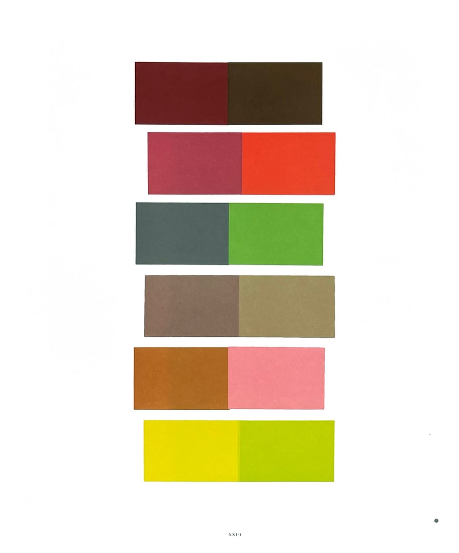 2009 Josef Albers The Interaction of Color Plate XXI-1: Artist: Josef Albers Country: Germany-USA Title: Plate XXI-1 Paper Size: 13.50 x 10.50 inches on Munken Print Cream Printed: 2009 Graphicom, Italy, specializing in high-quality printing. Marks: Not