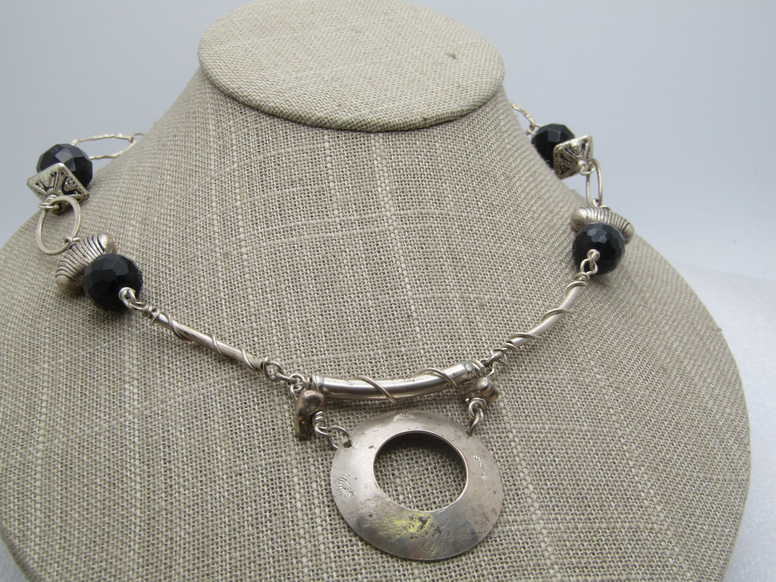 Vintage Sterling Southwestern Stamped Necklace, Black Beads, 23", 1980's-1990's - 2