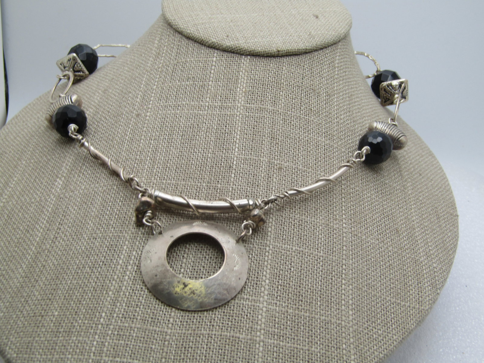 Vintage Sterling Southwestern Stamped Necklace, Black Beads, 23", 1980's-1990's - 3