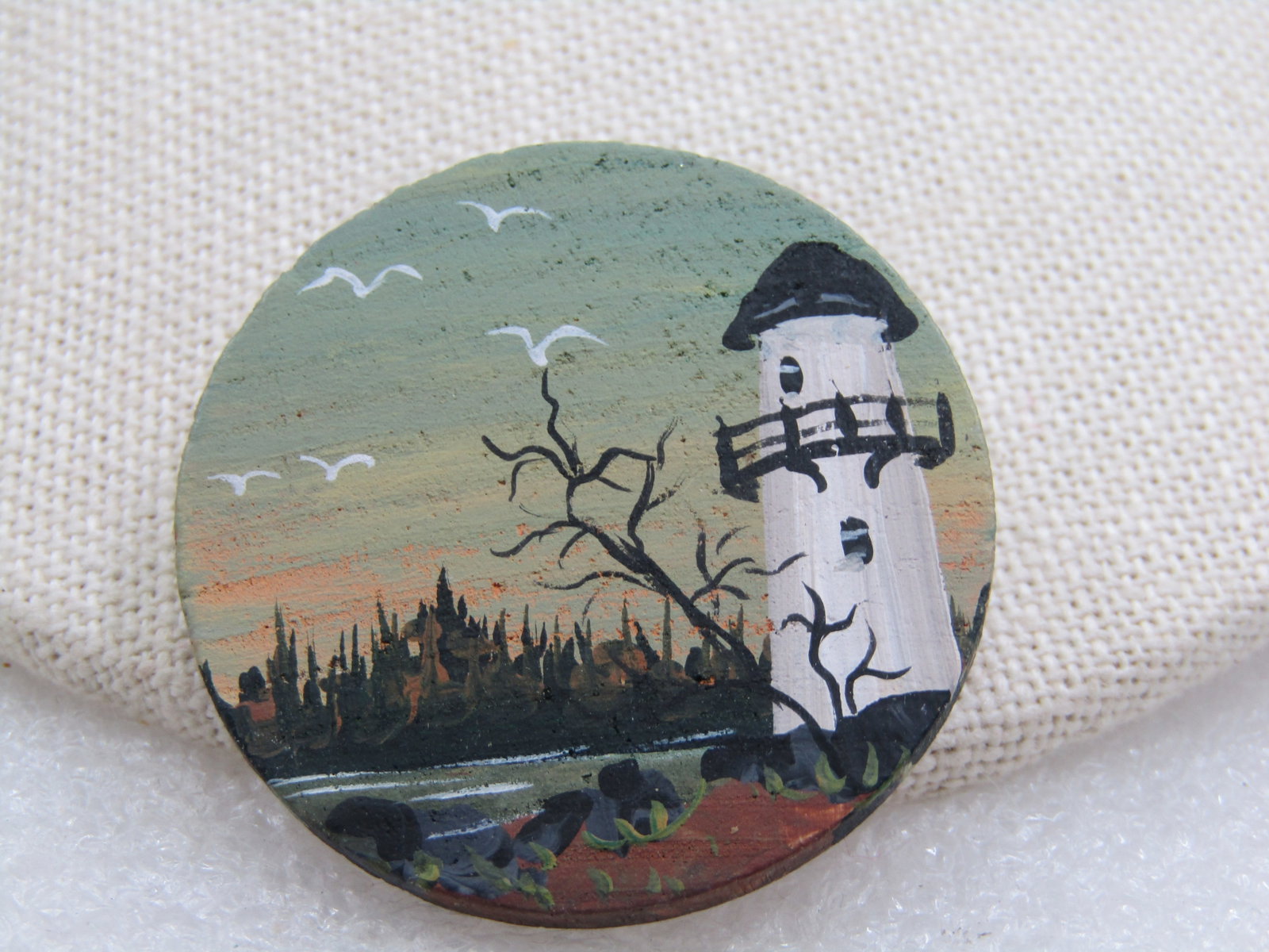 Vintage Hand Painted Lighthouse Brooch on Wood, 1.5" - 2