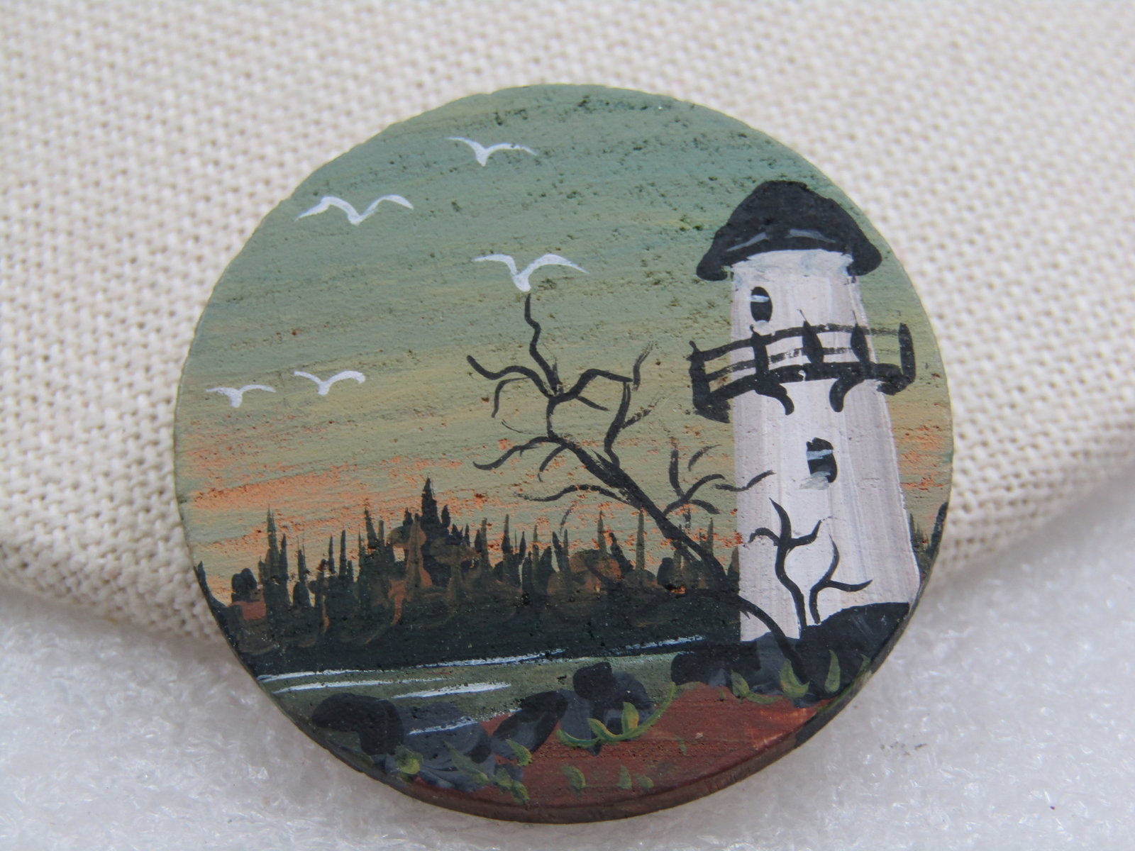 Vintage Hand Painted Lighthouse Brooch on Wood, 1.5" - 3