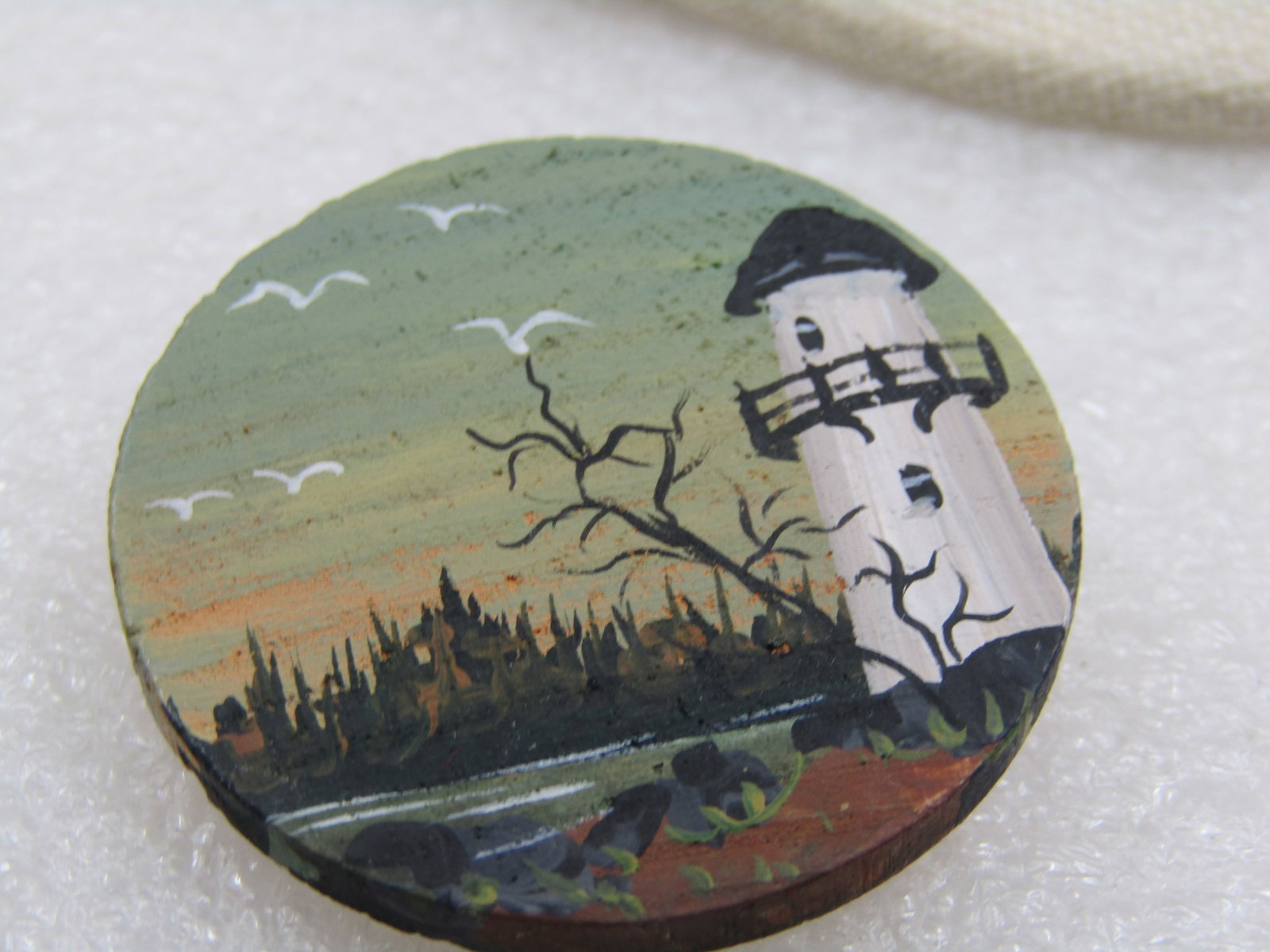 Vintage Hand Painted Lighthouse Brooch on Wood, 1.5" - 5