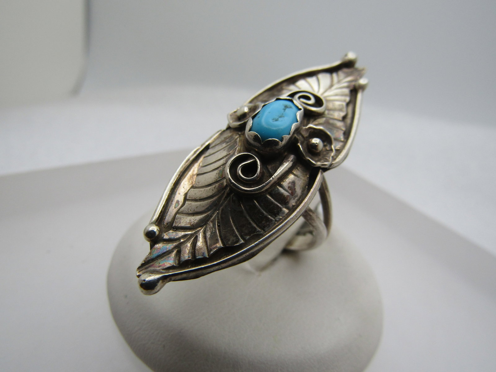 Vintage Sterling Southwestern Turquoise Ring, Long, Sz. 6.5, Signed E, 1970's-1980's - 3