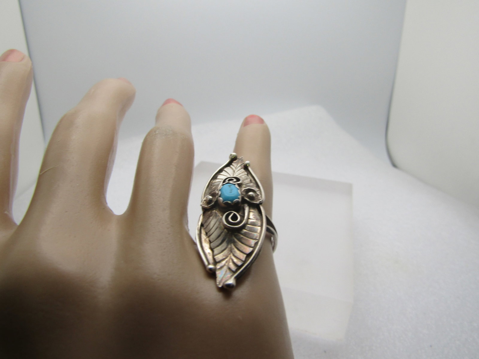 Vintage Sterling Southwestern Turquoise Ring, Long, Sz. 6.5, Signed E, 1970's-1980's - 7