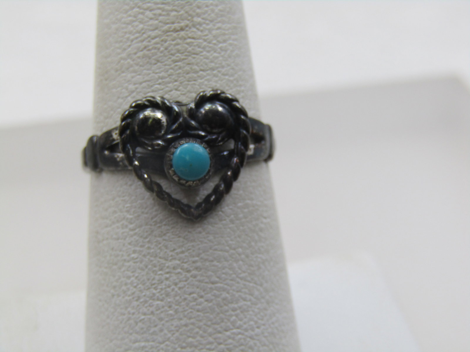 Vintage Sterling Southwestern Turquoise Heart Ring, Sz. 7, Signed - 2