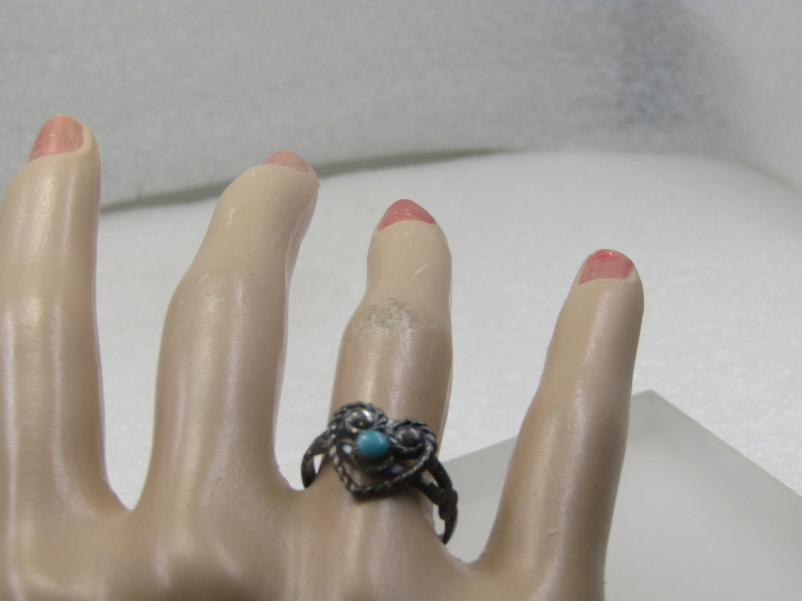 Vintage Sterling Southwestern Turquoise Heart Ring, Sz. 7, Signed - 8