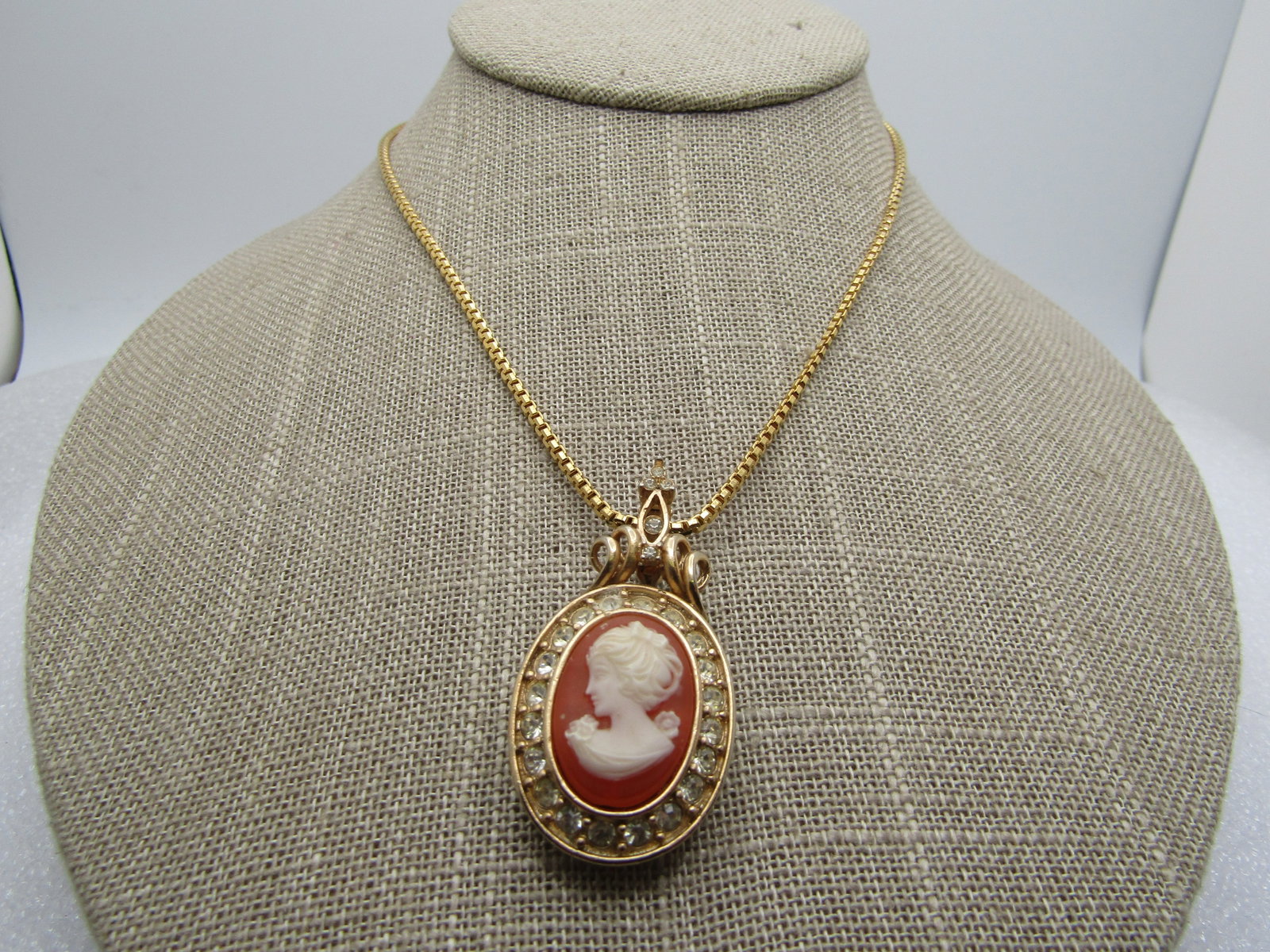 Vintage Cameo Rhinestone Necklace, 20" on Monet Box Chain - 2
