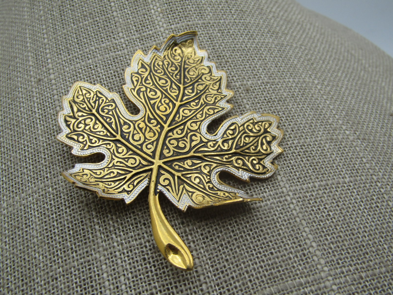 Vintage Damascene Leaf Brooch, 2.5", 1960's - 2