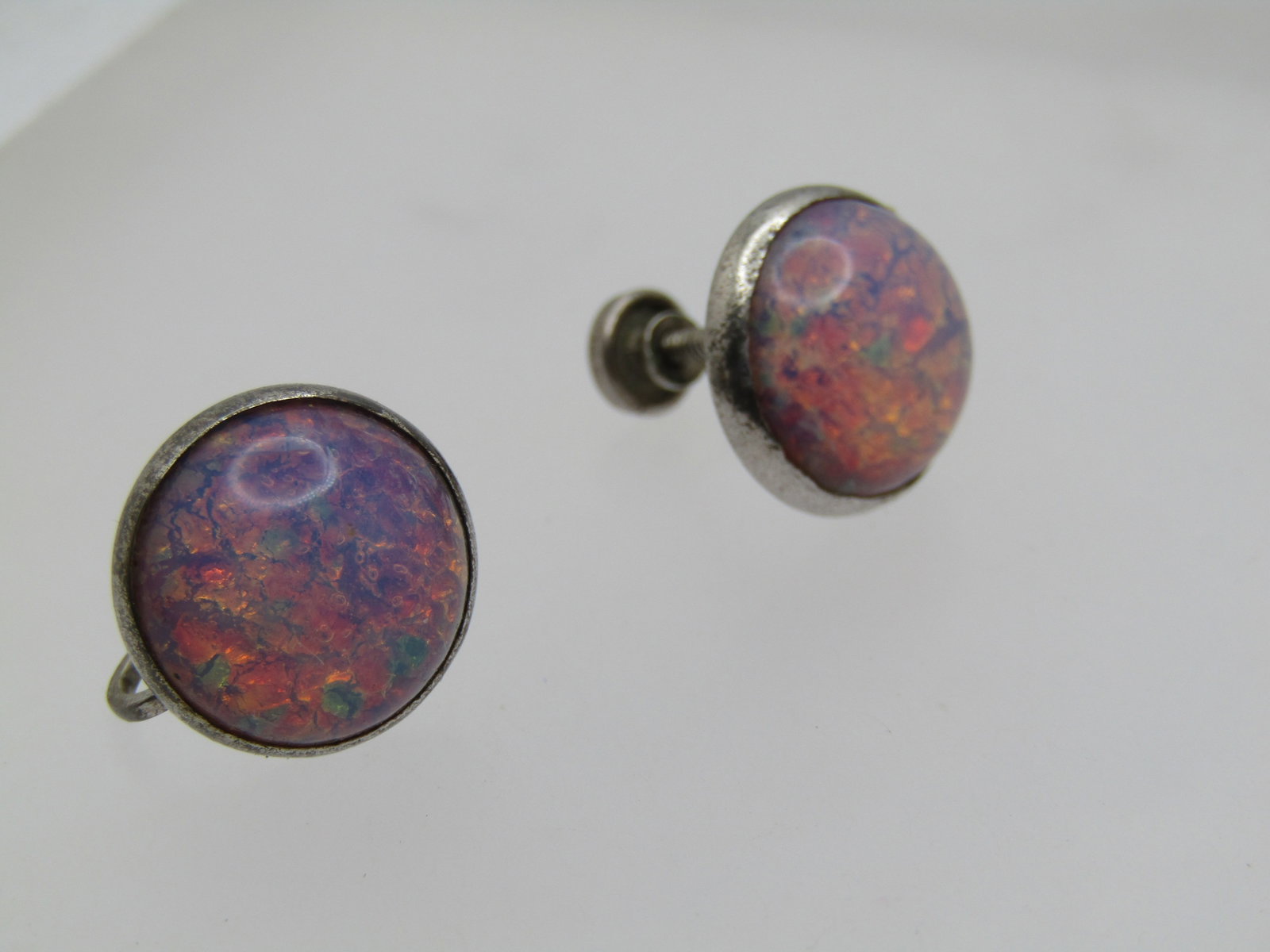 Vintage Sterling Faux Opal Earrings, Screwback, 1940's-1950's - 2