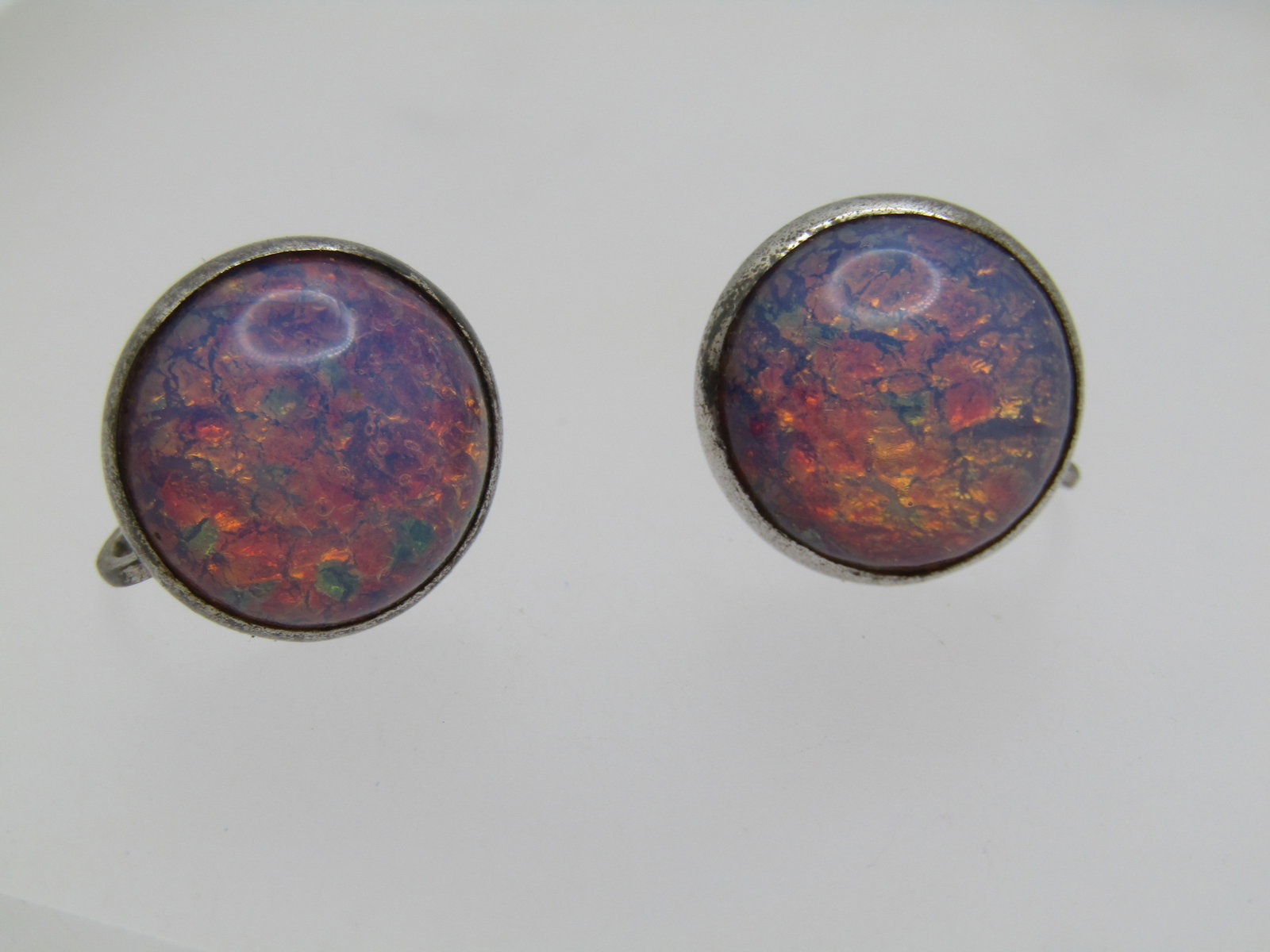 Vintage Sterling Faux Opal Earrings, Screwback, 1940's-1950's - 3
