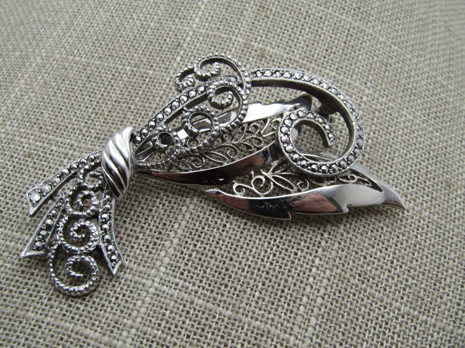 Vintage Scrolled Leaf Tiered Brooch, Faux Marcasite, 1960's-1970's, Signed - 2