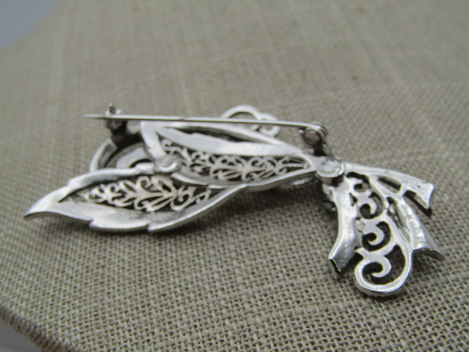 Vintage Scrolled Leaf Tiered Brooch, Faux Marcasite, 1960's-1970's, Signed - 4