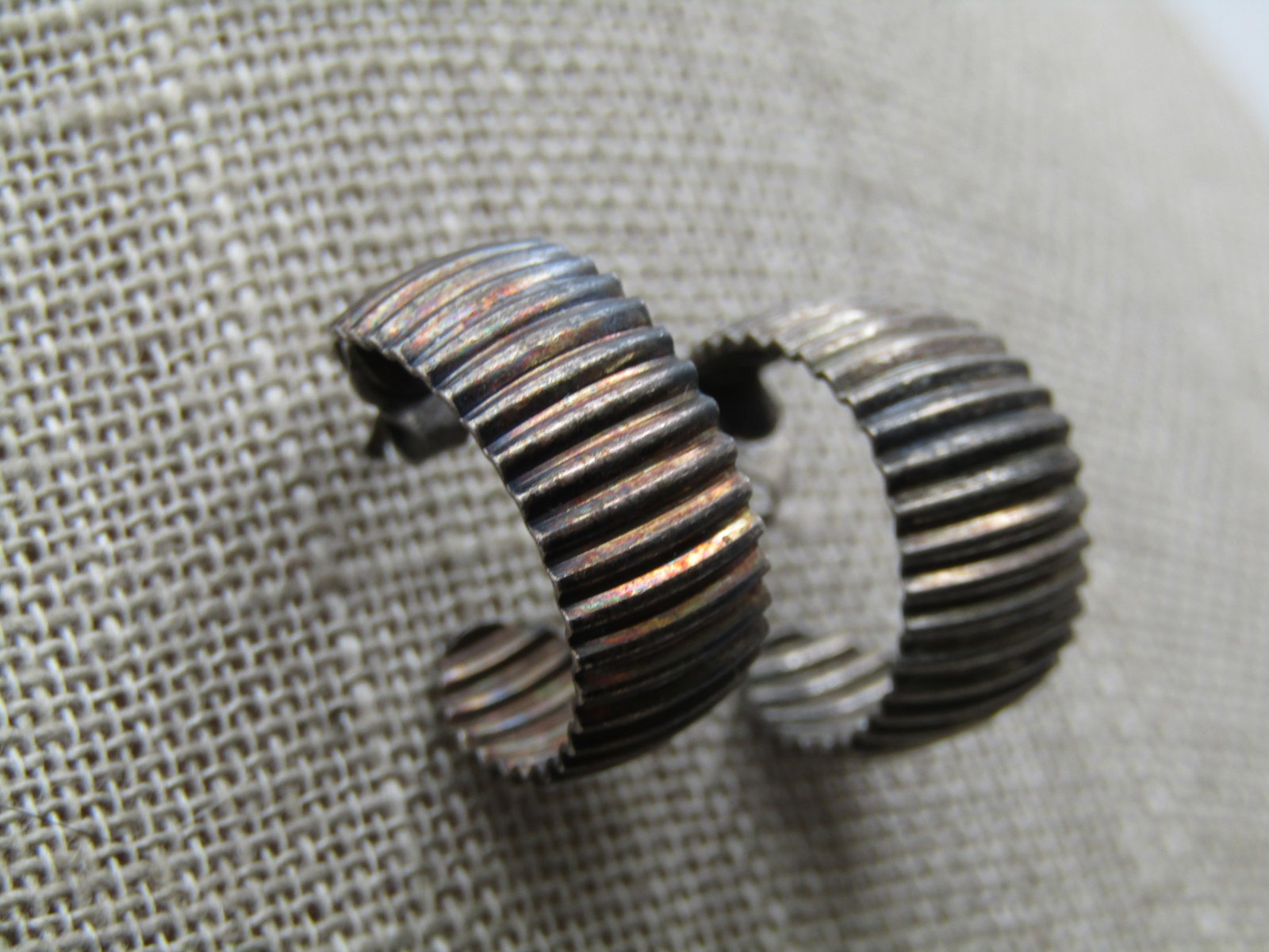 Vintage Sterling Ridged Hoop Earrings, Pierced, 1960's-1970's, Signed - 2