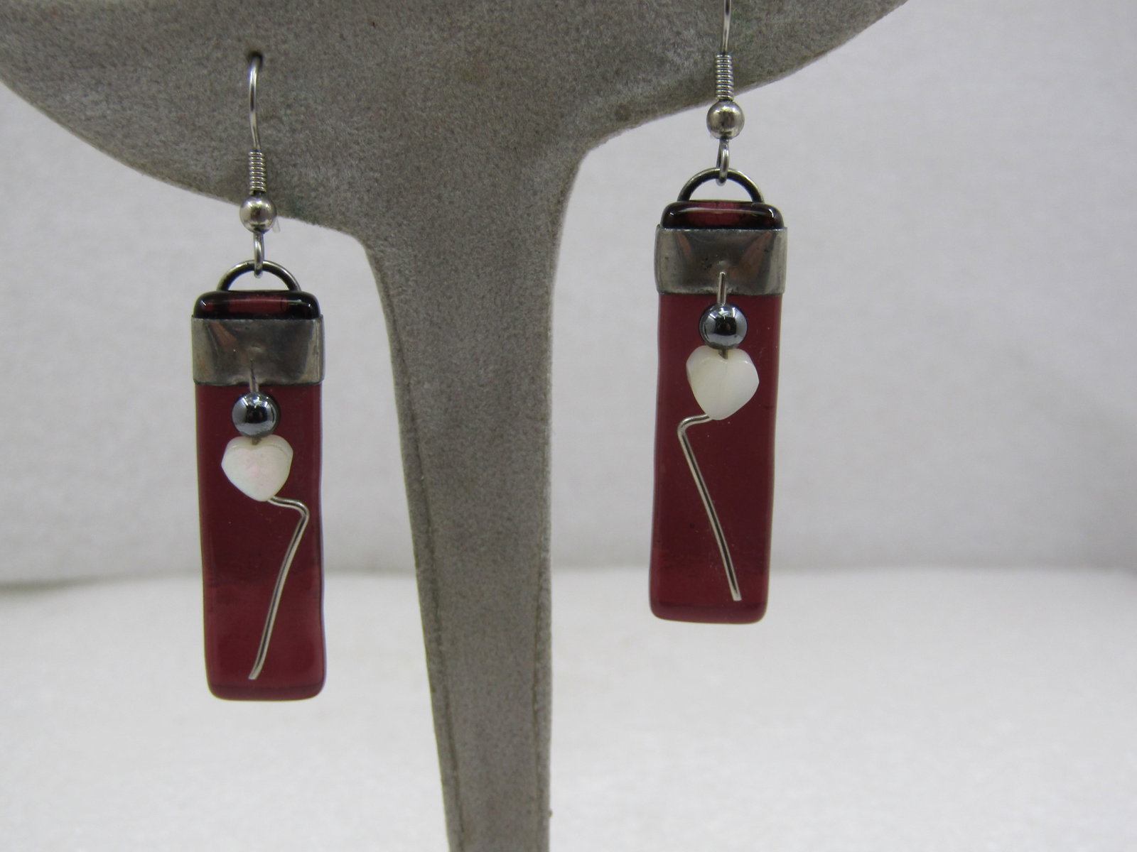 Vintage Purple Glass MOP Heart Earrings, Pierced, Handmade - 2