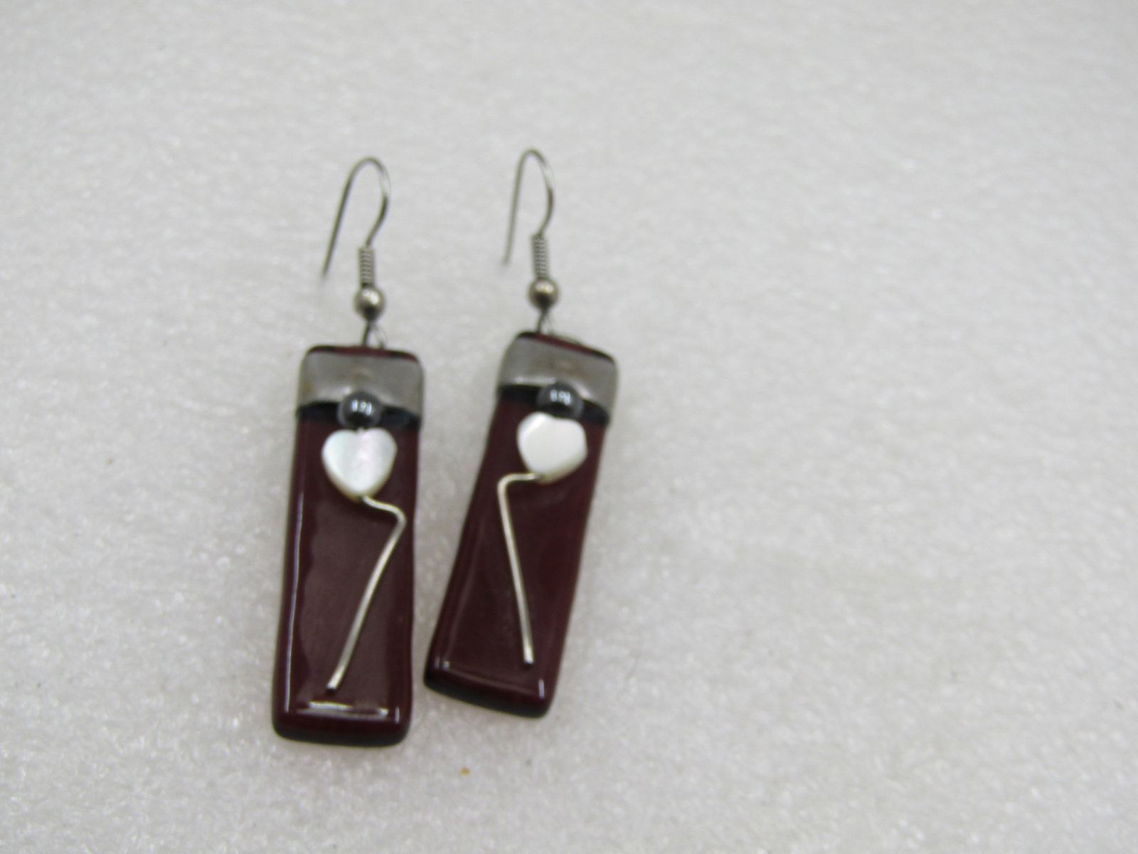 Vintage Purple Glass MOP Heart Earrings, Pierced, Handmade - 7