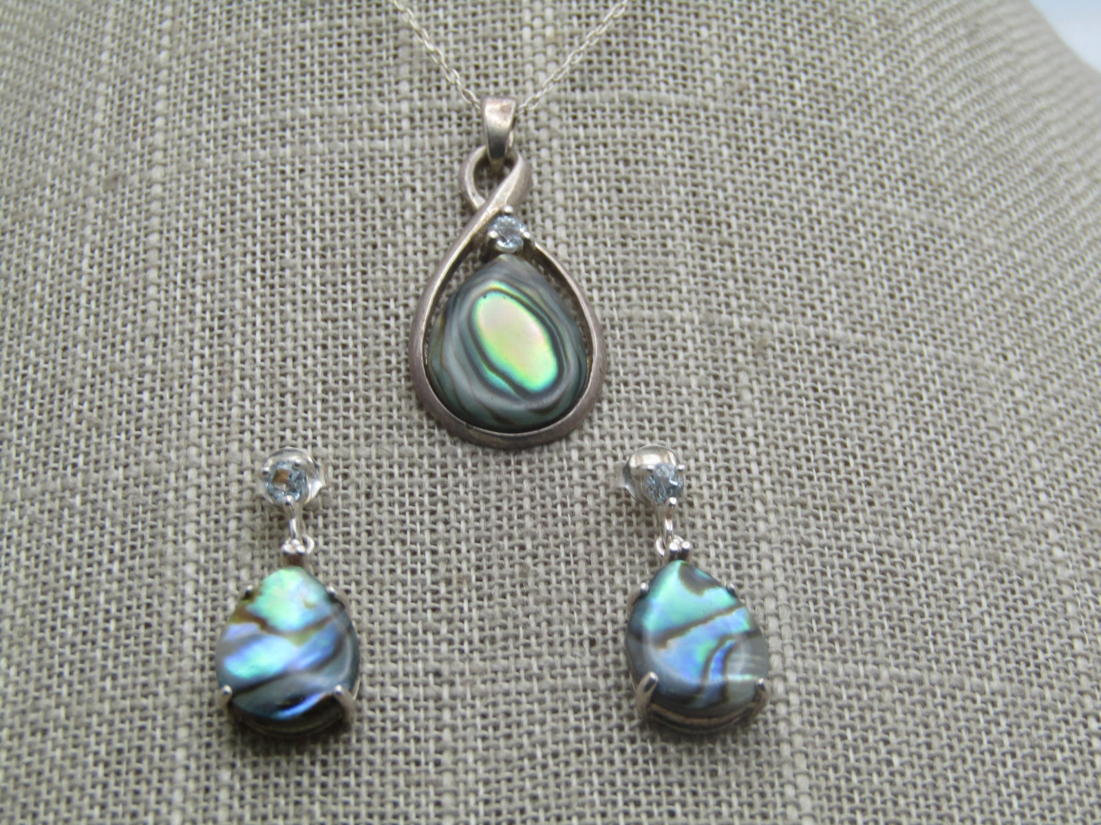 Sterling Paua Shell Necklace & Earrings Set, White Topaz, 19", Pierced, 1990's - 2