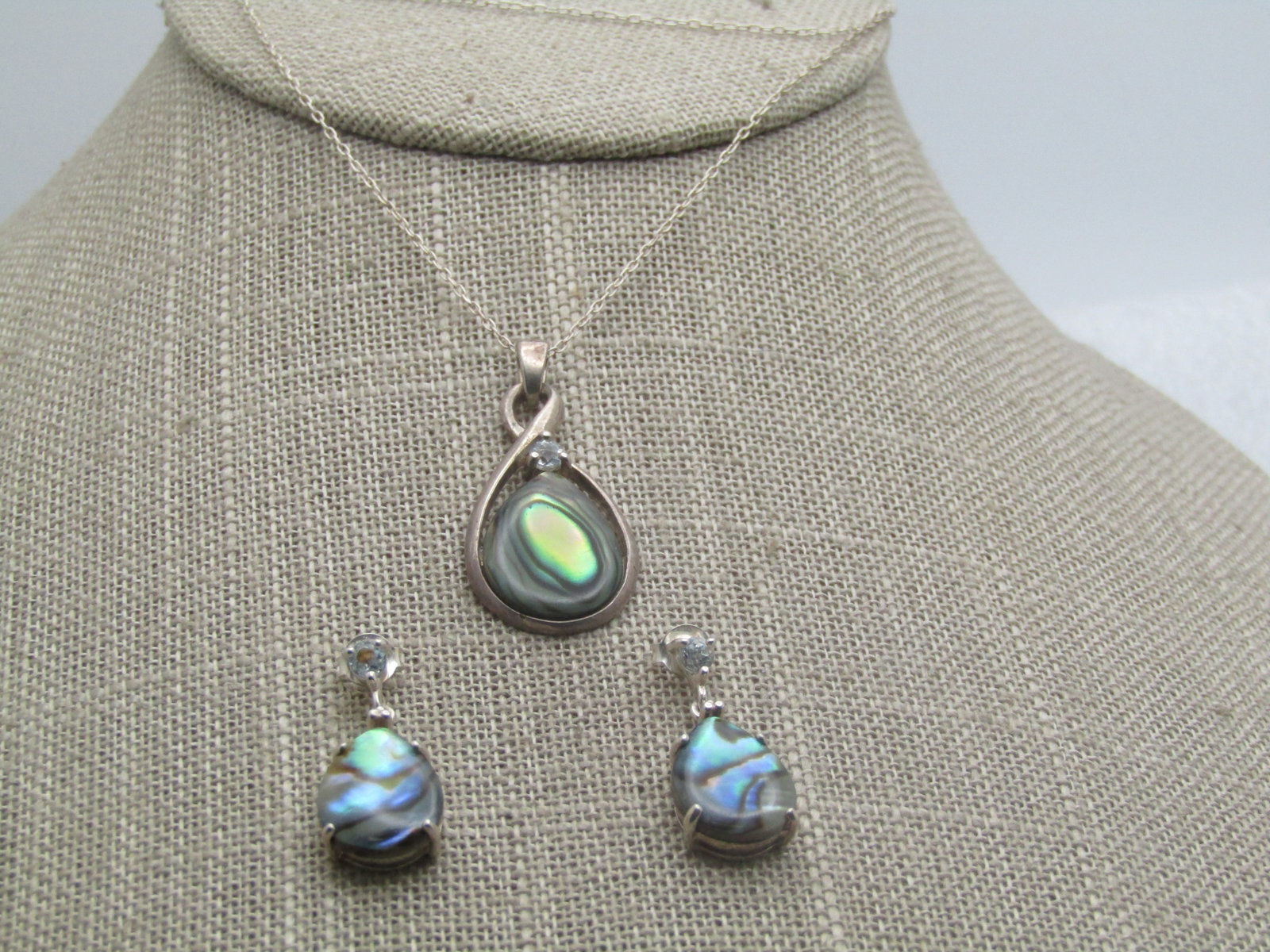 Sterling Paua Shell Necklace & Earrings Set, White Topaz, 19", Pierced, 1990's - 3