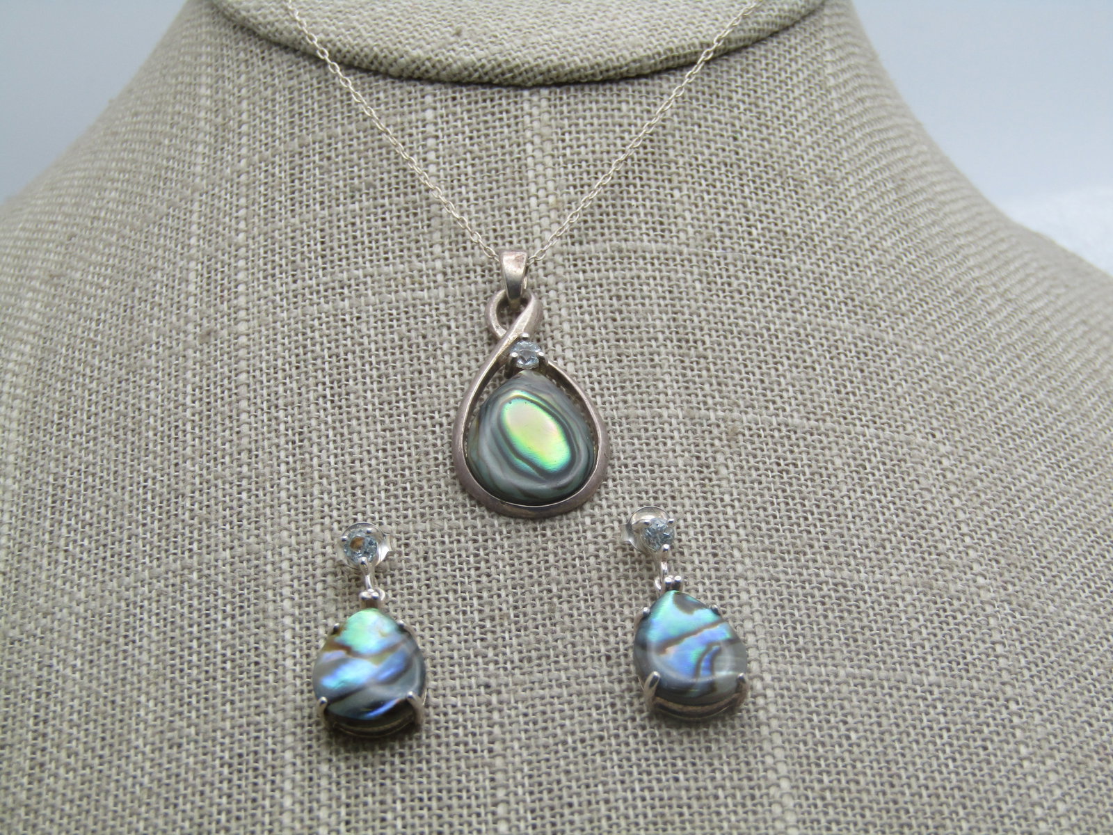 Sterling Paua Shell Necklace & Earrings Set, White Topaz, 19", Pierced, 1990's - 4