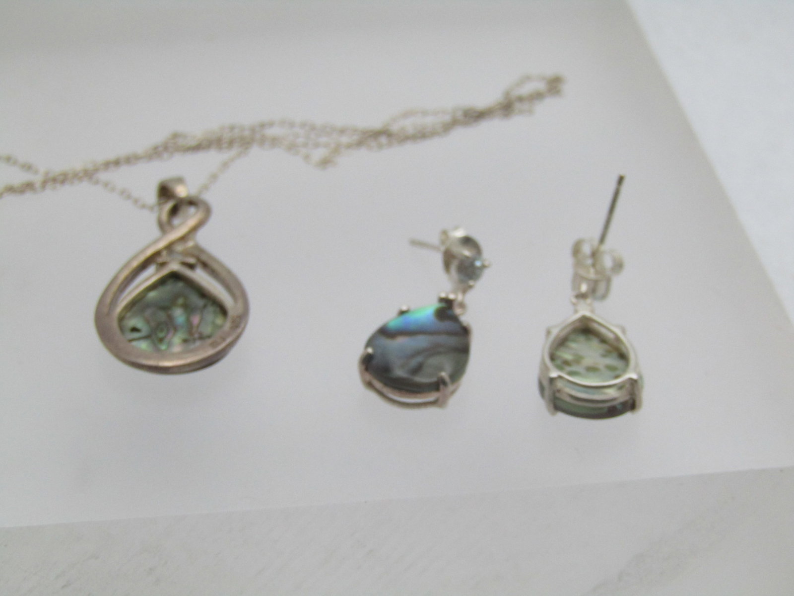 Sterling Paua Shell Necklace & Earrings Set, White Topaz, 19", Pierced, 1990's - 5