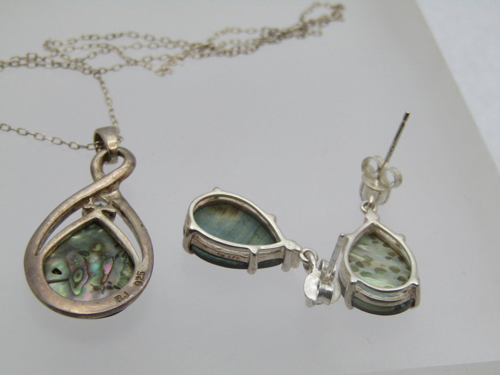 Sterling Paua Shell Necklace & Earrings Set, White Topaz, 19", Pierced, 1990's - 6