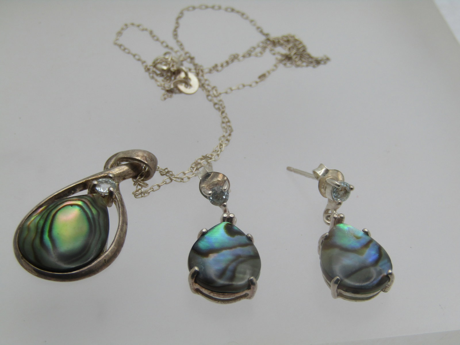 Sterling Paua Shell Necklace & Earrings Set, White Topaz, 19", Pierced, 1990's - 7