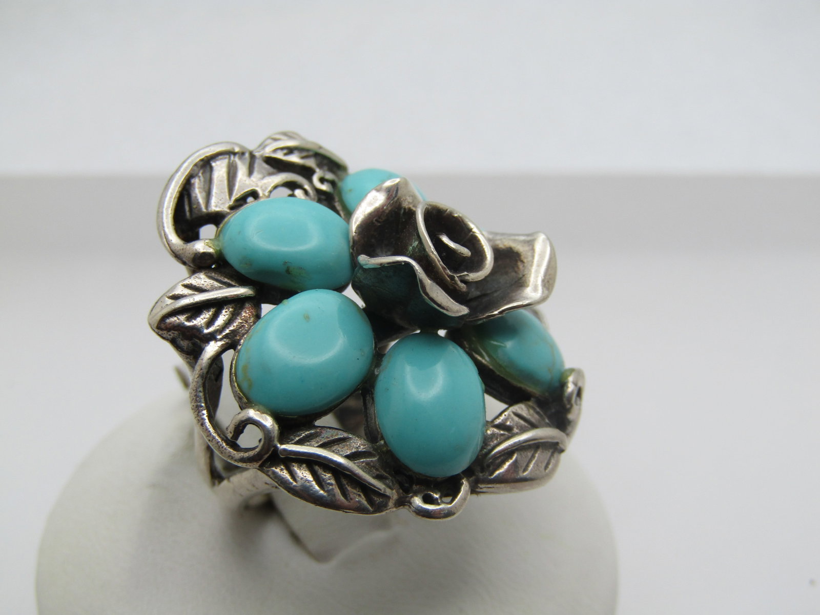 Vintage Sterling Rose & Faux Turquoise Blossom Ring, Sz. 6.5, 1990's, Signed - 2