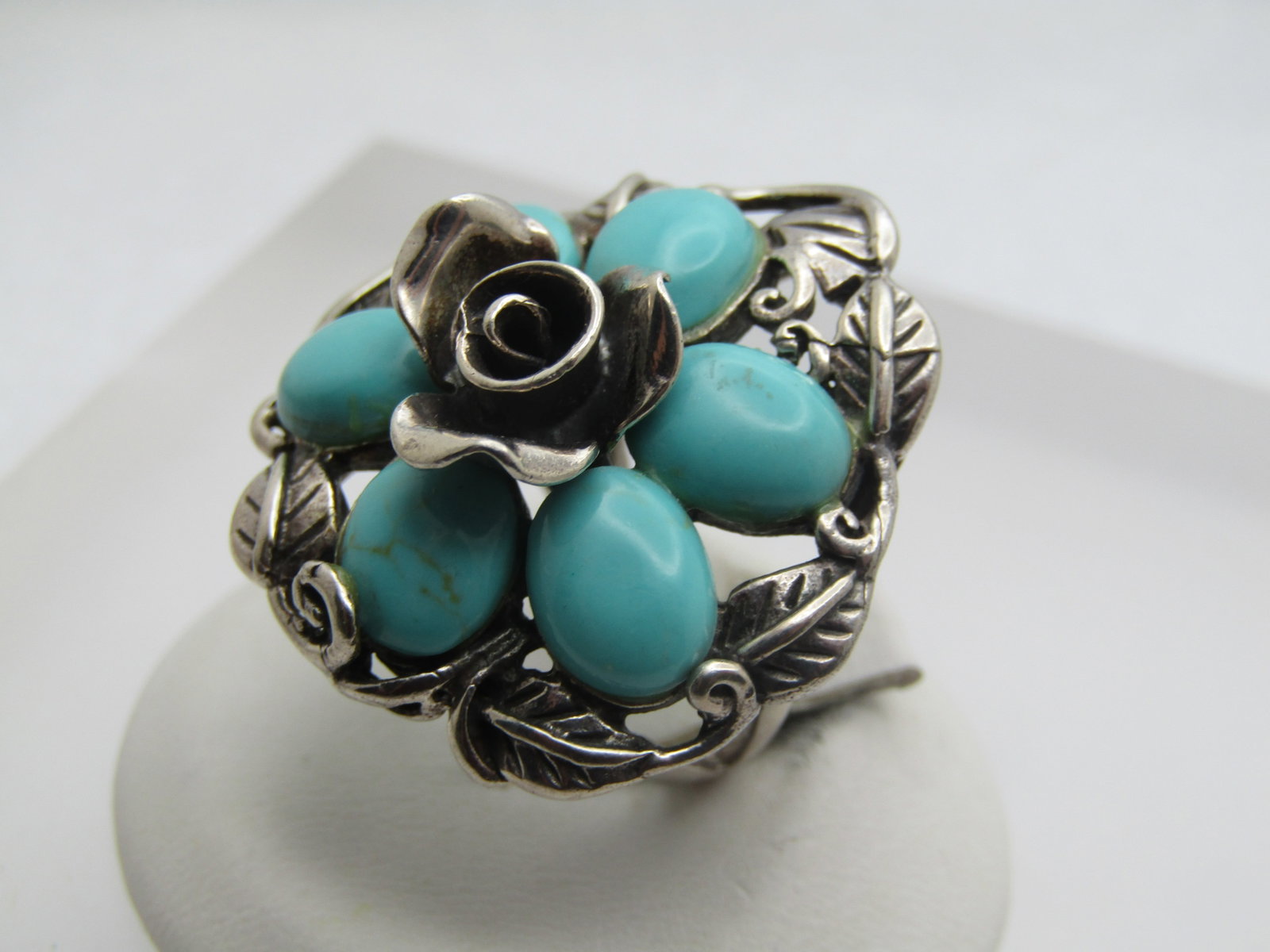 Vintage Sterling Rose & Faux Turquoise Blossom Ring, Sz. 6.5, 1990's, Signed - 3