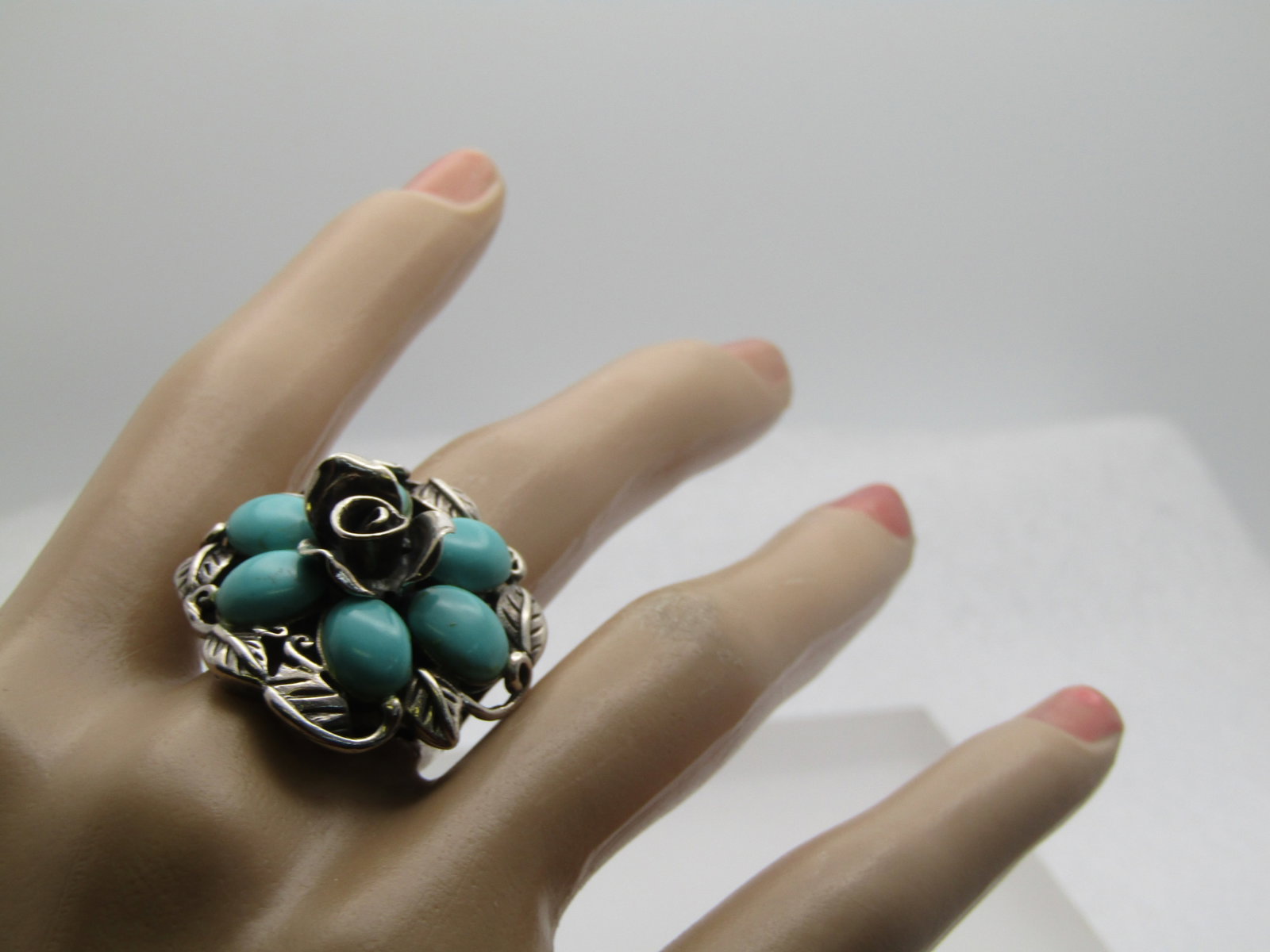 Vintage Sterling Rose & Faux Turquoise Blossom Ring, Sz. 6.5, 1990's, Signed - 5