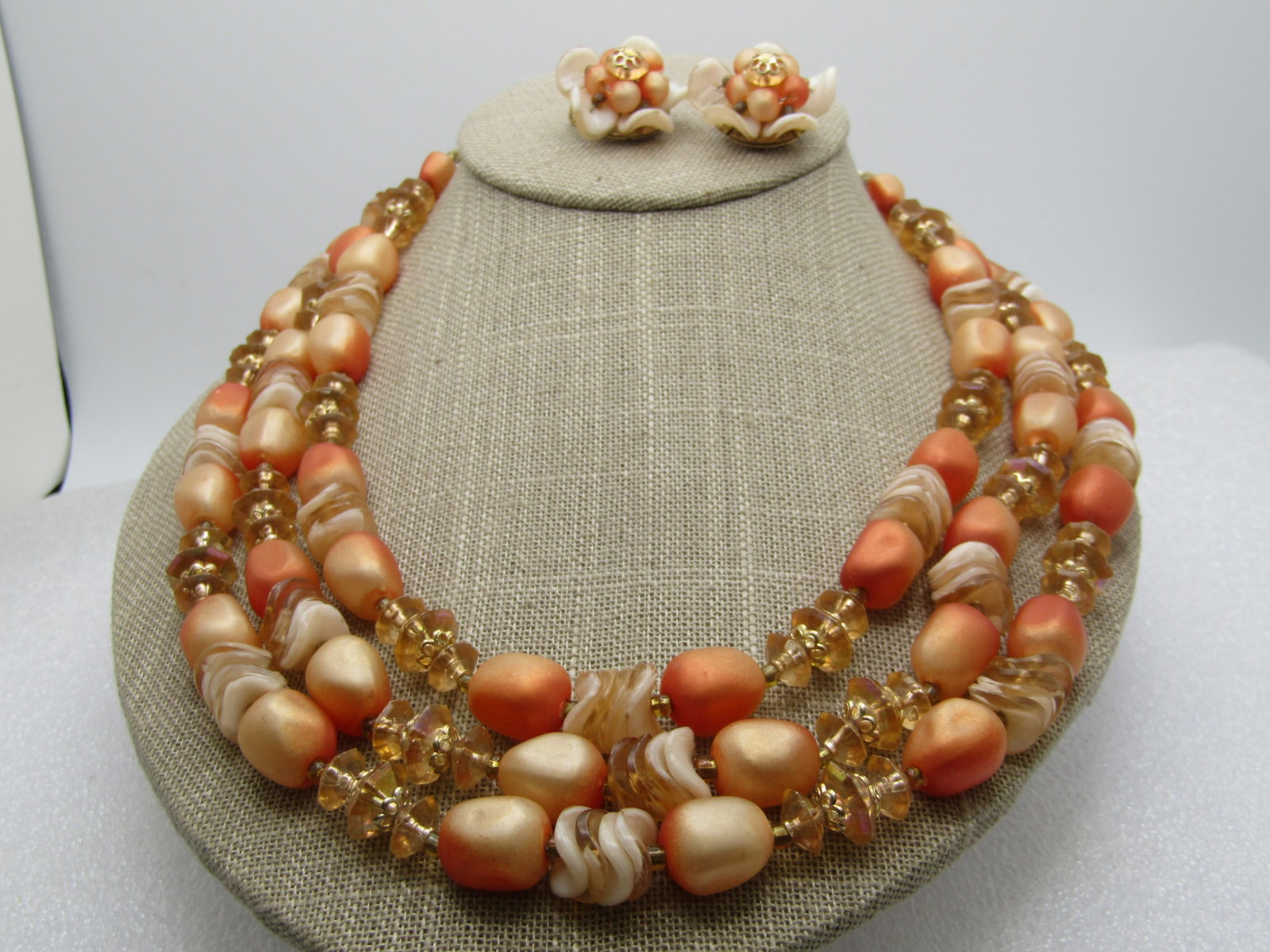 Vintage Peach Beaded Triple Strand Necklace & Earrings, Hong Kong, 1950's, 18" - 2