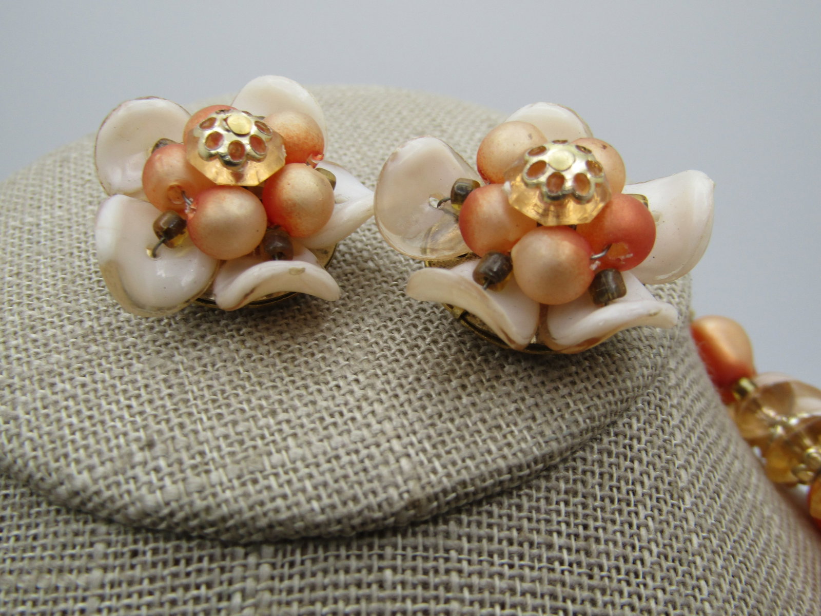 Vintage Peach Beaded Triple Strand Necklace & Earrings, Hong Kong, 1950's, 18" - 3