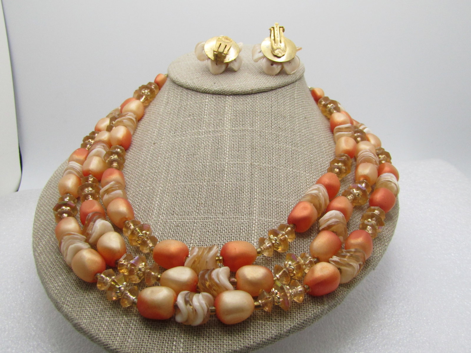 Vintage Peach Beaded Triple Strand Necklace & Earrings, Hong Kong, 1950's, 18" - 4