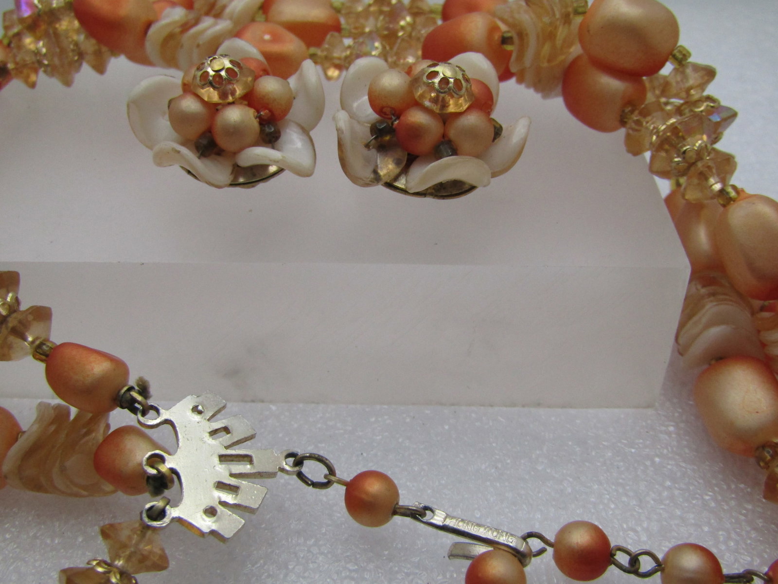 Vintage Peach Beaded Triple Strand Necklace & Earrings, Hong Kong, 1950's, 18" - 7