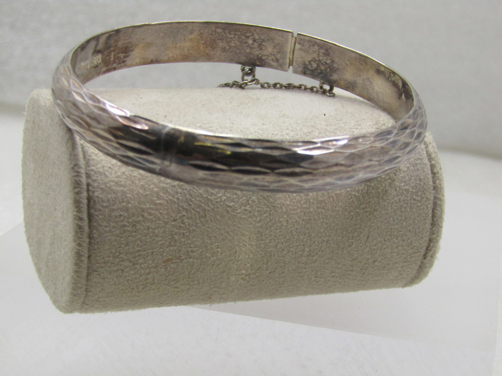 Vintage Sterling Hinged Bangle Bracelet, 7.25", Notched, 8.5mm Signed - 2