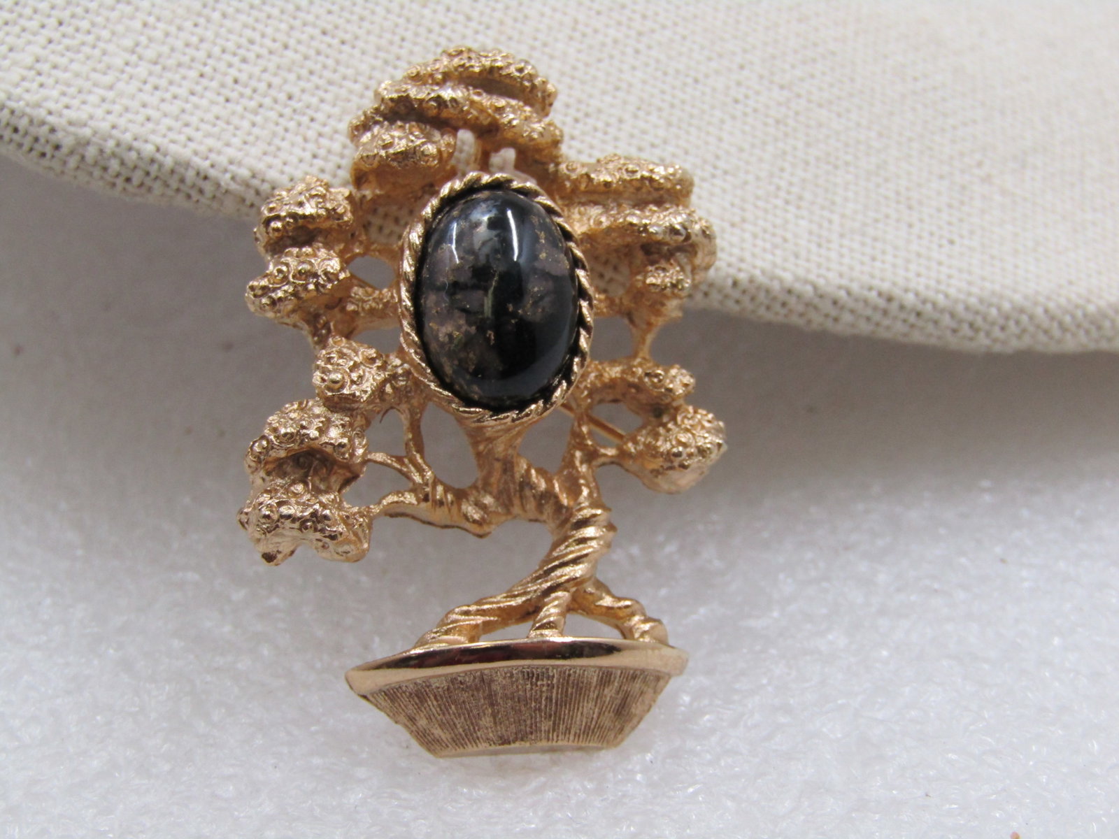 Vintage Gold Tone Bonsai Brooch, Black & Gold Stone, 1-7/8" - 2