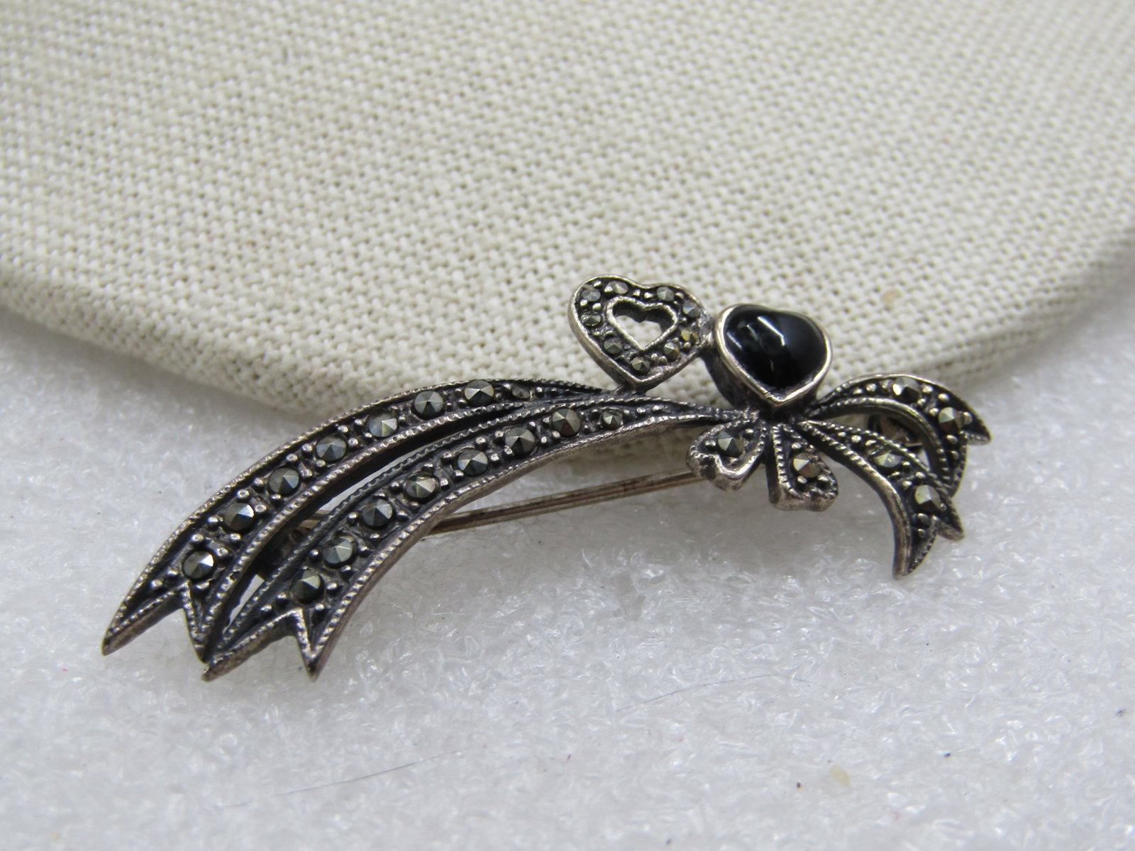 Vintage Sterling Double Heart Marcasite Brooch, 2" - 2